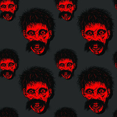 Terrible face red with mustache on gray background, seamless pattern, texture for fabric design, wallpaper and tile, vector illustration