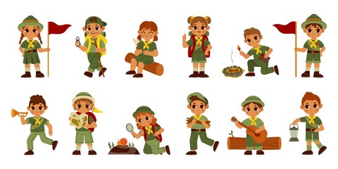 Scout kids. Cute cartoon boys and girls in scout uniform for summer camp survive in wild and build a camp. Vector children characters - obrazy, fototapety, plakaty