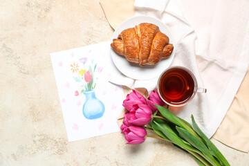 Picture with flowers, glass cup of tea and croissant on grunge background. Mother's Day celebration