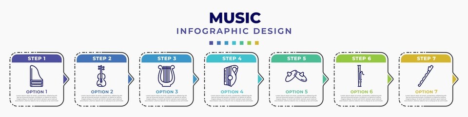 infographic template with icons and 7 options or steps. infographic for music concept. included harpsichord, viola, harp, zither, cymbals, bassoon, pennywhistle editable vector. - obrazy, fototapety, plakaty