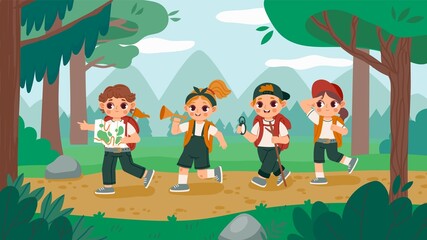Kids on a hike. Cartoon kids walking in wood, summer journey and adventure trip with backpacks. Vector scout kids survive in nature - obrazy, fototapety, plakaty