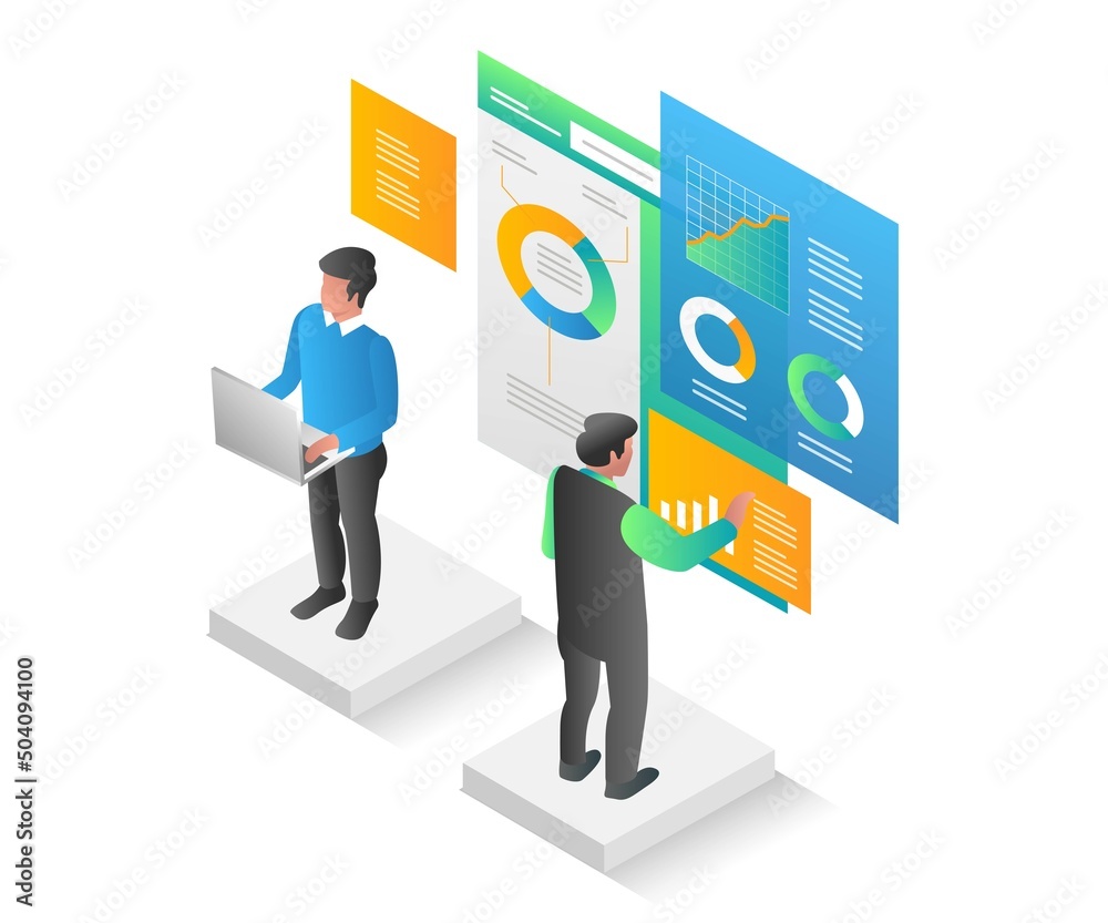 Aufkleber Flat isometric illustration concept. two men doing data analysis on the dashboard
