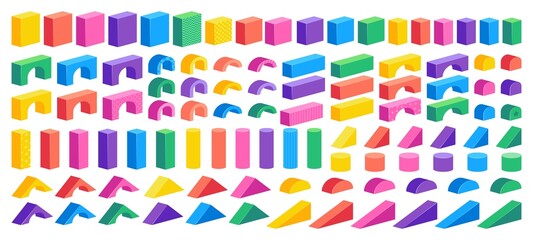 Isometric block constructor. Cartoon colorful building puzzle for children, plastic cubes cylinders and cones
