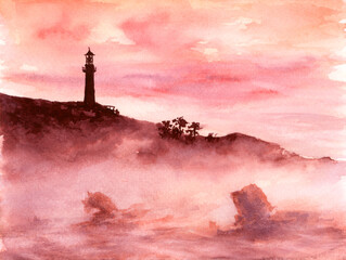 Coastline with lighthouse. Watercolor on paper.