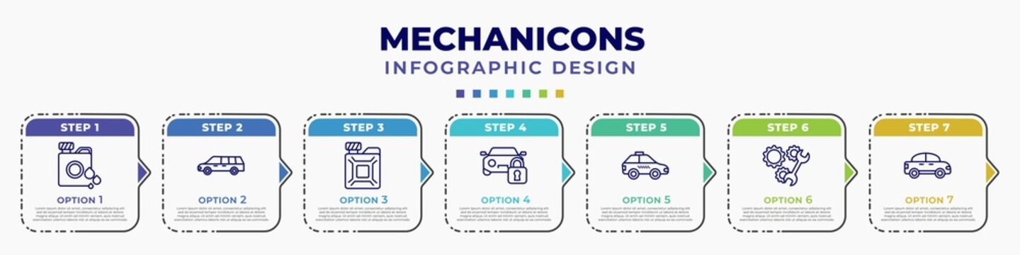 infographic template with icons and 7 options or steps. infographic for mechanicons concept. included oil can with big drop, limousine side view, change car oil, car and padlock, taxi facing left,