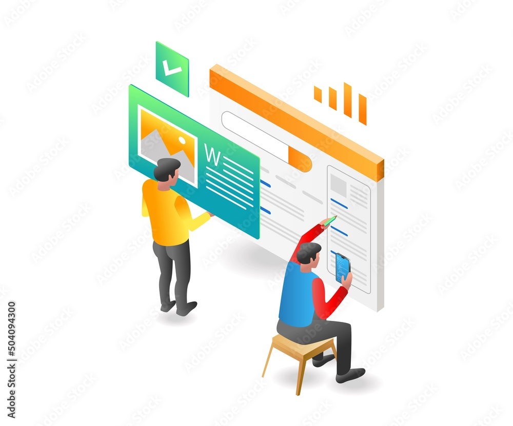 Poster Flat isometric illustration concept. the creative team is compiling the appearance of the website application
