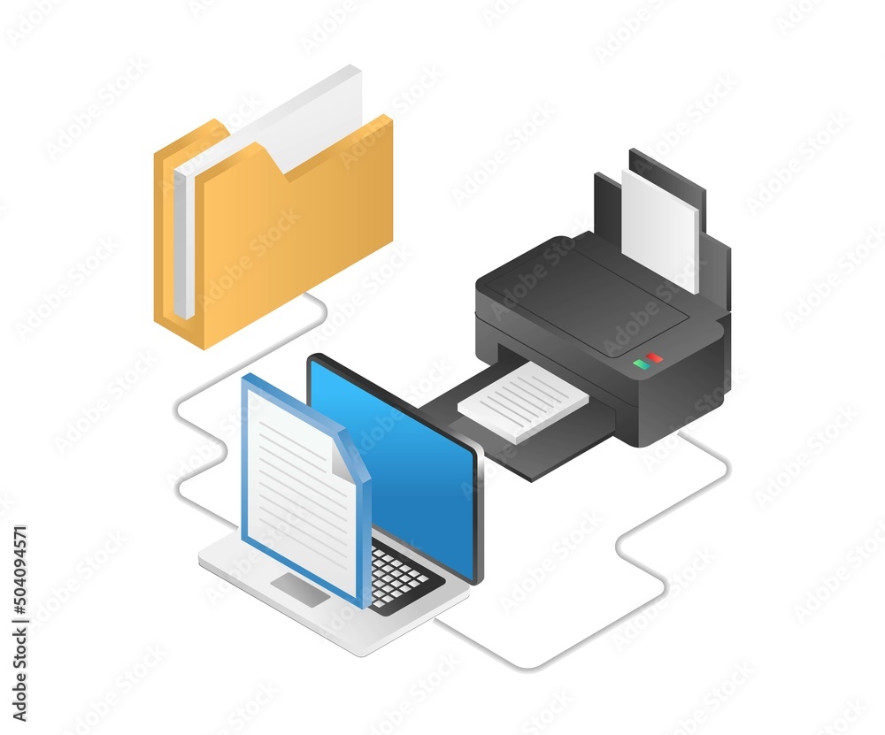 Leinwandbilder flat isometric illustration concept. print data from computer folder