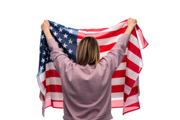 independence day, patriotic and human rights concept - woman with flag of united states of america protesting on demonstration over white background