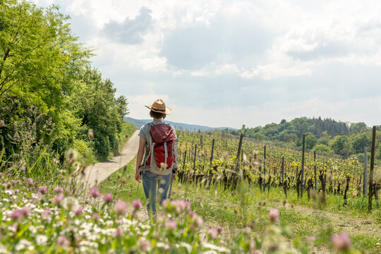 Woman Hiking in Nature with Backpack and Straw Hat Rear View Vineyard Germany