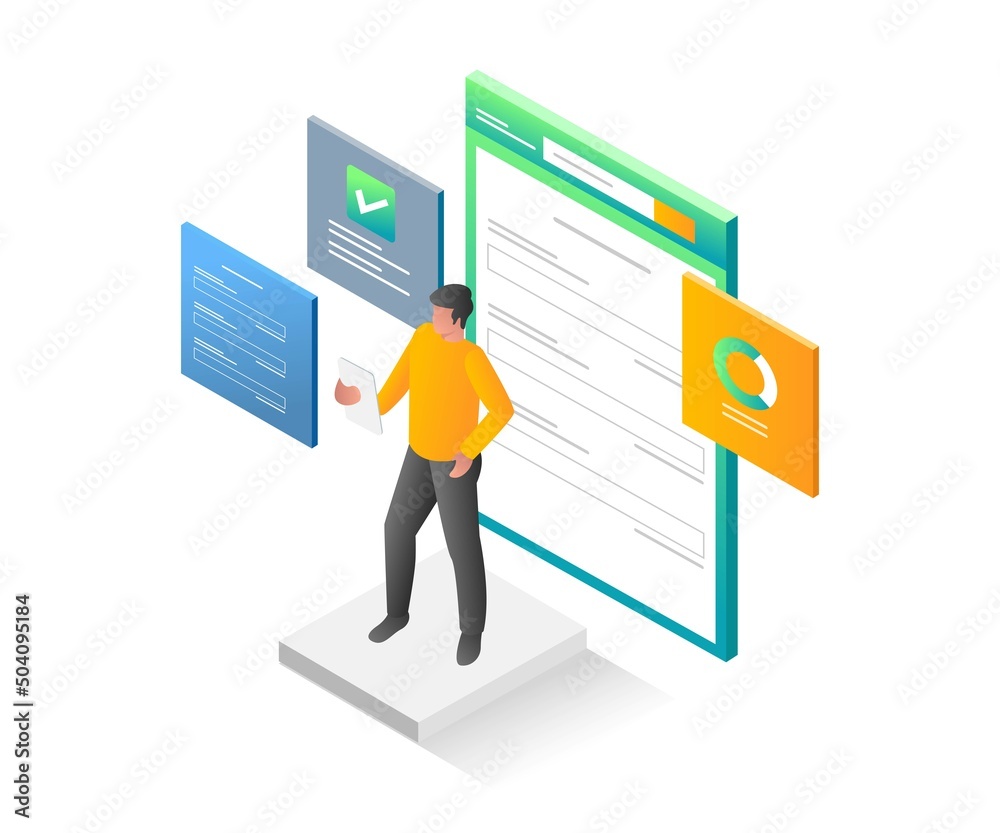 Poster flat isometric illustration concept. man filling out a registration form with a smartphone