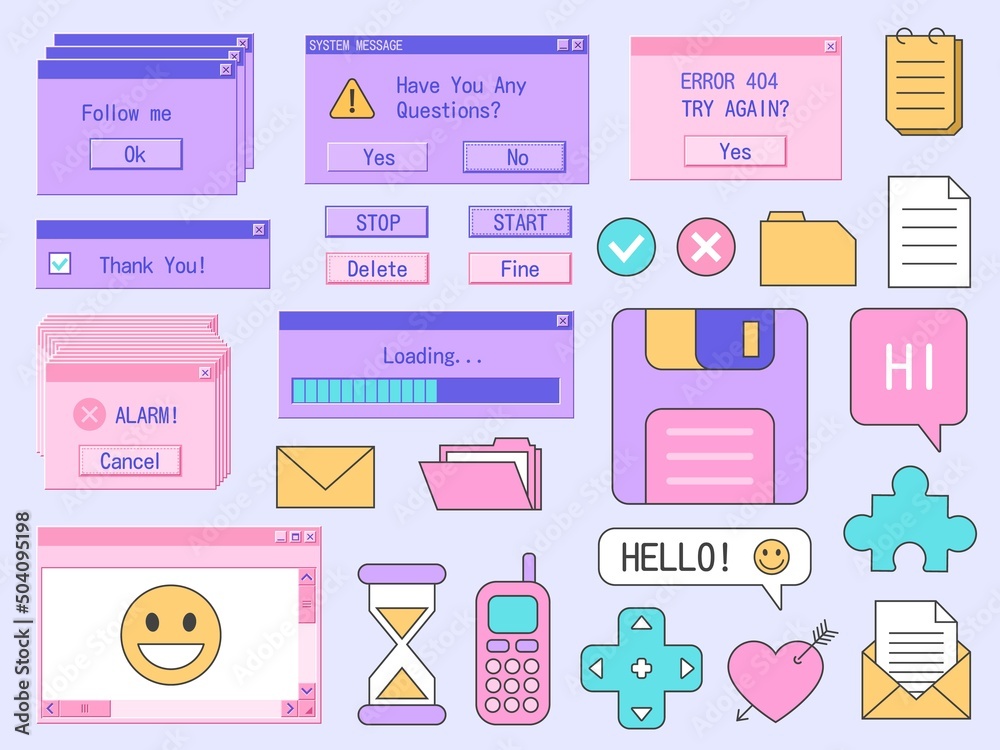 Fototapete Retro computer sticker. Old PC interface with system message, geek technology retrowave icons. Vector trendy digital isolated set