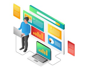 Flat isometric illustration concept. man is working on a lot of desktop analysis
