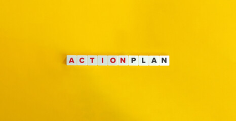 Action Plan Word and Banner. Letter Tiles on Yellow Background. Minimal Aesthetics.