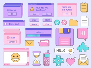 Fototapeta premium Retro computer sticker. Old PC interface with system message, geek technology retrowave icons. Vector trendy digital isolated set