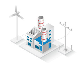 Flat isometric illustration concept. factory building and solar panel electricity