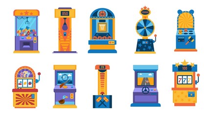 Retro game machine. Gaming computer, mini basketball, crane machine and retro gambling amusement device. Vector 90s retro machinery set © Tartila