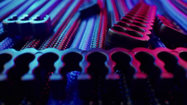 Computer modding power cable management system close up shots braided wires black and blue colors. High quality 4k footage