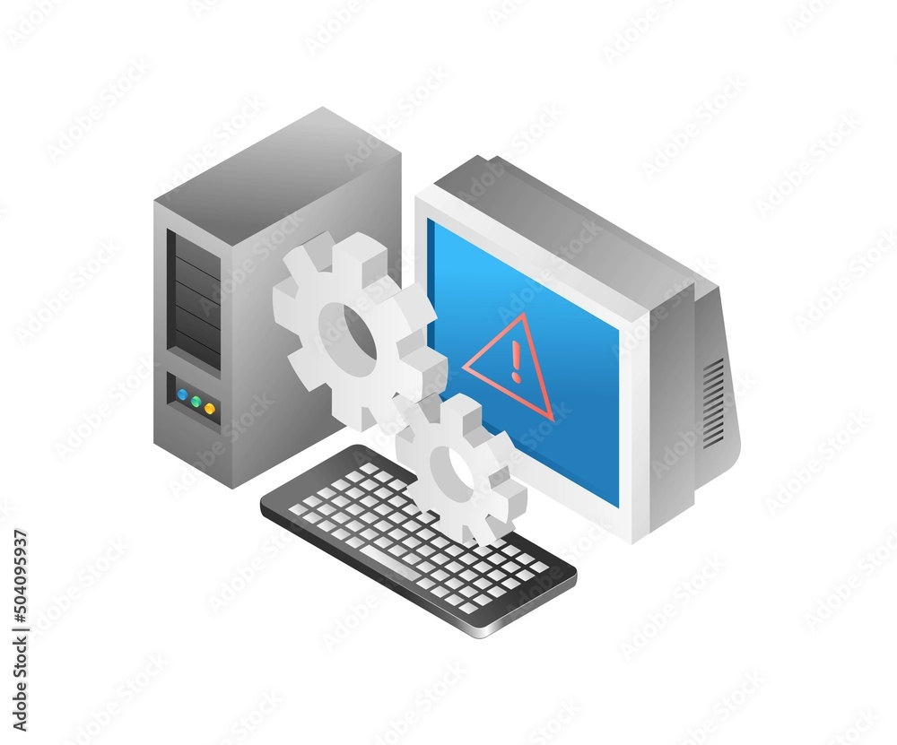 Poster flat isometric illustration concept. computer installation problem