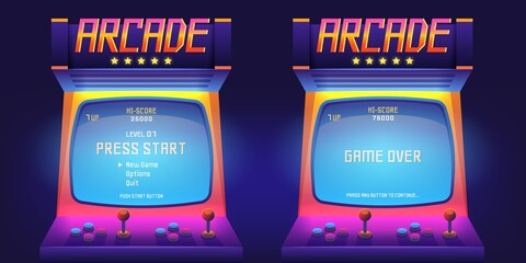 Arcade game screen. 80s retro start play and game over interface screen, vintage 1990s video gaming machine. Vector console monitor © Tartila