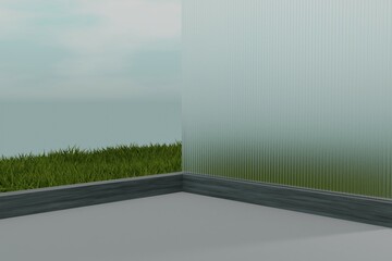 frosting glass with empty space for product, sky and grass view 3D background