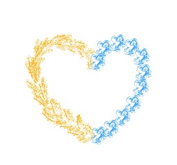 Ukrainian heart shaped frame with flowers and wheat drawing by crayon