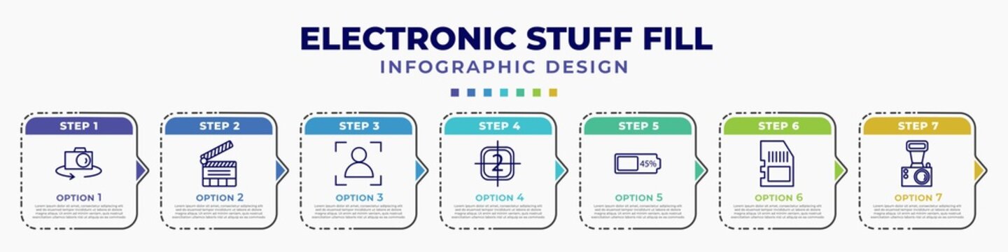 infographic template with icons and 7 options or steps. infographic for electronic stuff fill concept. included flip camera, clapperboard, portrait, video file list, battery almost full, memory