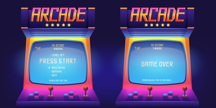 Arcade game screen. 80s retro start play and game over interface screen, vintage 1990s video gaming machine. Vector console monitor