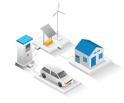 Flat isometric concept illustration. house with electric car charger