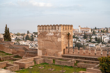 Walls and buidings of medieval fortress Alhambra, Granada, Andalusia, Spain