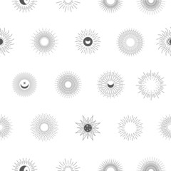 Line sun pattern. Seamless print with sun bohemian decorative outline elements. Vector texture