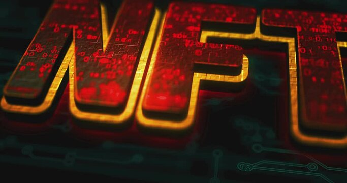NFT Non-Fungible Token and digital collectibles colored symbol concept. Network, cyber technology and computer background abstract 3d animation.