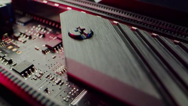 Circuit Board Processor Chips Data Streams. Super Macro Imaging of Modern Processor Board. Dolly shot. High quality 4k footage