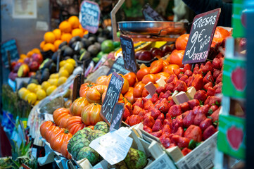 Colorful fresh ripe fruits and vegetables on farmers market in Spain
