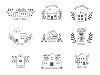 Doodle house logo. Cute hand drawn rural farm and country cottage with floristic elements, real estate line emblem. Vector scandinavian houses set
