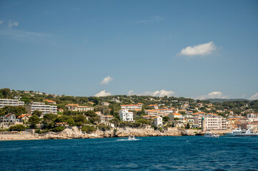 View from seaside on Cassis, boat excursion to Calanques national park in Provence, France