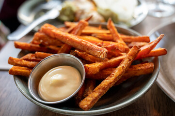 Bowl with deep fried sweet potato chips served with mayonnaise sauce