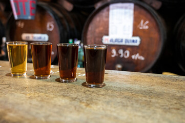 Tasting of different sweet wines from wooden barrels on old bodega in central part of Malaga,...