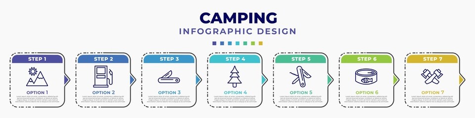 infographic template with icons and 7 options or steps. infographic for camping concept. included mountain, gasoline, pocket knife, tree, swiss army knife, canned food, hatchet editable vector. - obrazy, fototapety, plakaty