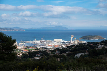 Panoramic aerial view on historical coastal Provencal city La Ciotat, summer vacation in Provence, France