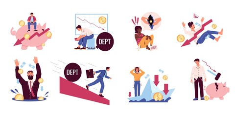 Financial crisis. Business bankruptcy, money loss, and economy collapse cartoon concepts with business characters. Vector credit and loan scenes