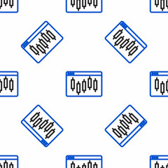 Line Browser with stocks market growth graphs and money icon isolated seamless pattern on white background. Monitor with stock charts arrow on screen. Colorful outline concept. Vector