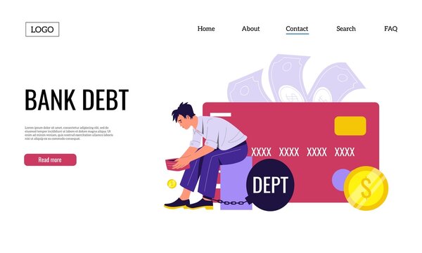 Loan Landing. Borrow Money And Personal Loan Banner With Bank Debt And Payment Problem Concept. Vector Web Page Template