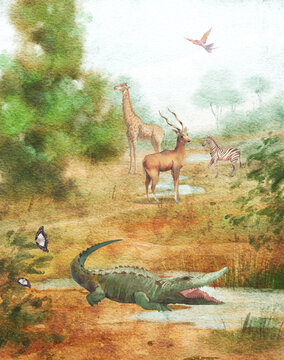 Watercolor african scene. Hand painted landscape of jungle with crocodile, giraffe, antelope. Beautiful safari view