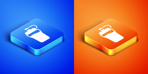 Isometric Fitness shaker icon isolated on blue and orange background. Sports shaker bottle with lid for water and protein cocktails. Square button. Vector