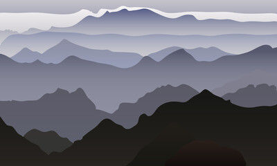Grey clouds, misty mountains. Background. Landscape in the fog. Vector