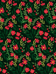 Seamless pattern with ornate blooming field, green herbs and leaves, small red flowers. Slavic floral print, folk botanical background with painting plants. Vector illustration.