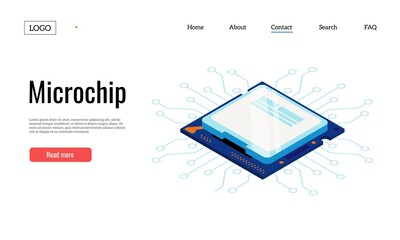 Semiconductor landing. Electronic circuit web page template with microcontroller board and electric components. Vector modern microchip website