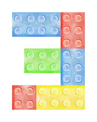 Watercolor number 3 from plastic building blocks. Colored digit three of toy bricks isolated on white background