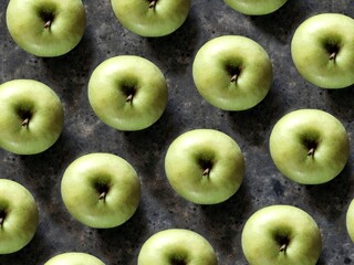 Pattern of green apples on black concrete background. Granny smith. Fresh fruits background.