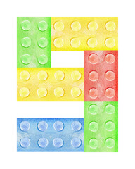 Watercolor number 9 from plastic building blocks. Colored digit nine of toy bricks isolated on white background